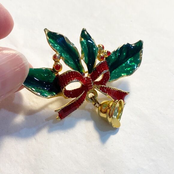 Christmas Brooch Goldtone Red & Green Enamel Festive Holly Sprig & Bell Pin - Picture 6 of 7